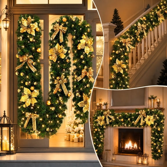 9ft Pre-lit Christmas Garland, Artificial Pine Garland with Bows and Ornaments, Lighted Staircase Front Door Decor, Gold