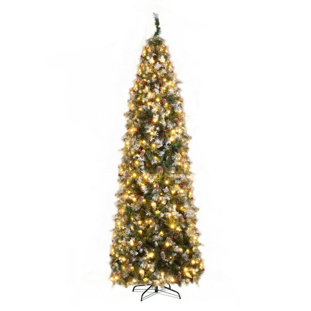 9ft Prelit Artificial Snow Flocked Pencil Christmas Tree with Remote