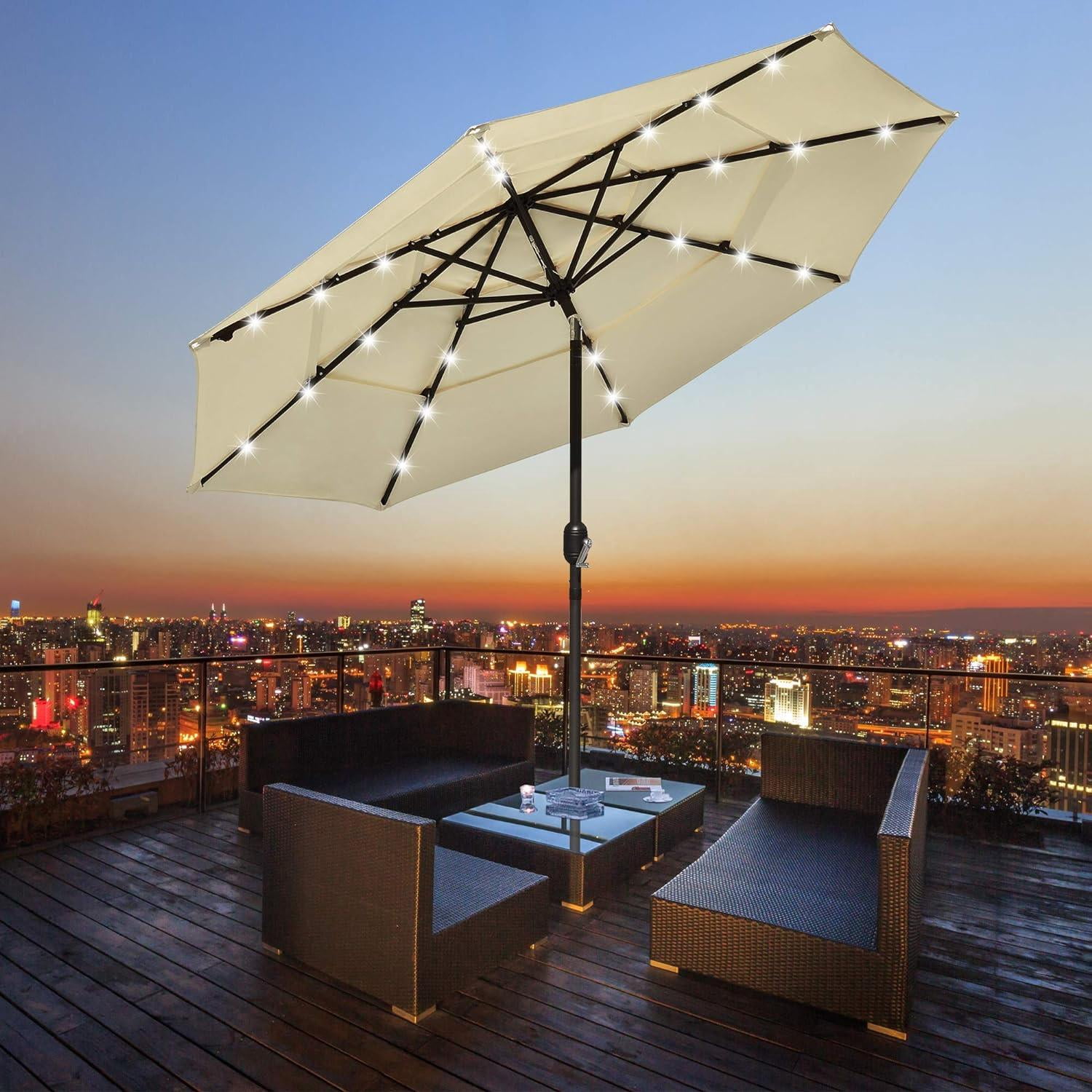 9ft Prelit Umbrella 3-Tiered Patio Umbrella with Lights, Beige