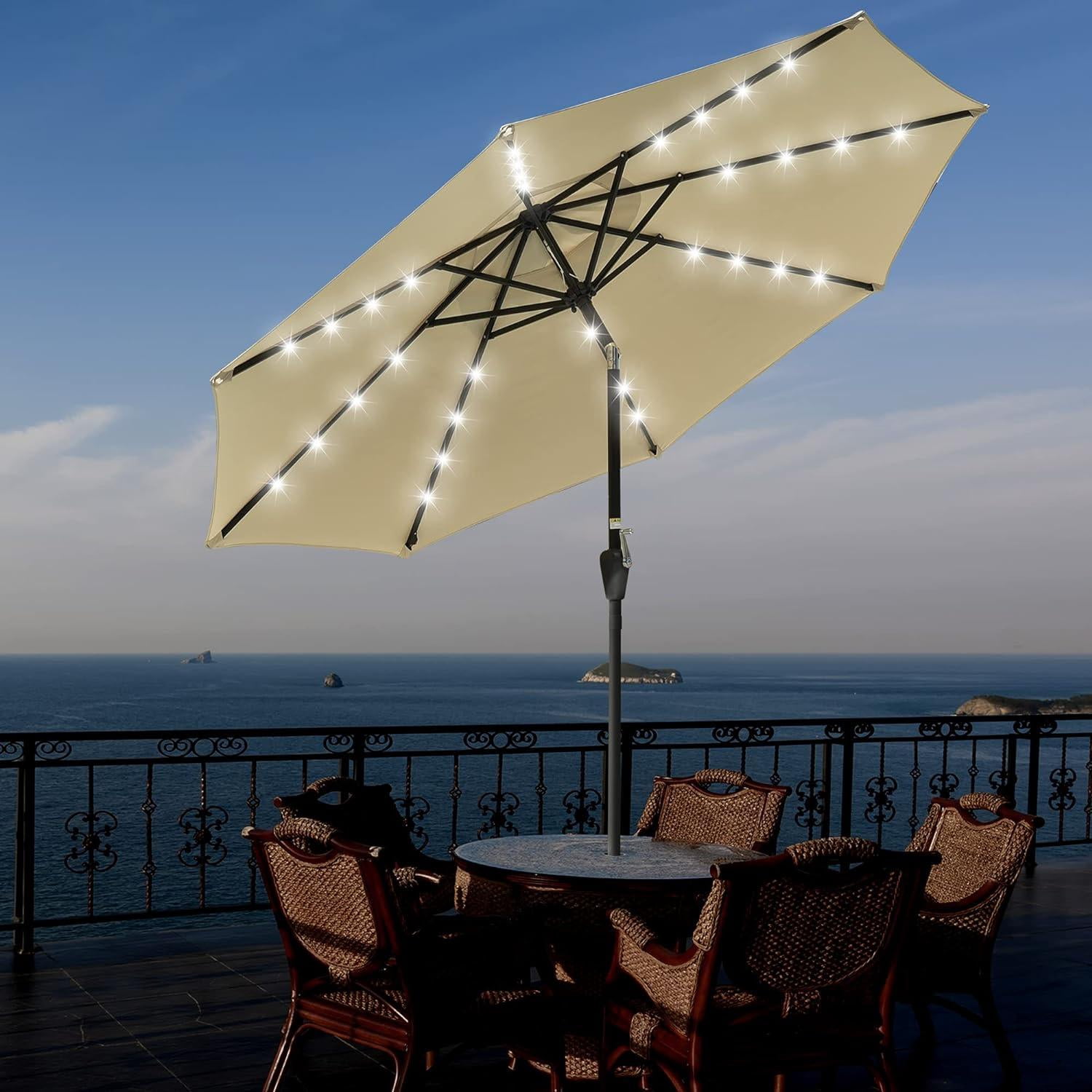 9ft Prelit Umbrella 3-Tiered Patio Umbrella with Lights, Khaki