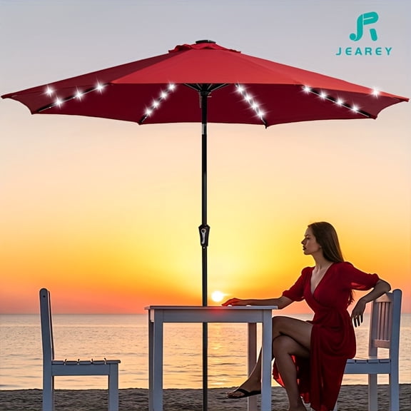 "9ft Red Patio Umbrella with Solar Lights - Tilt & Crank - Romantic Ambiance for Deck & Yard