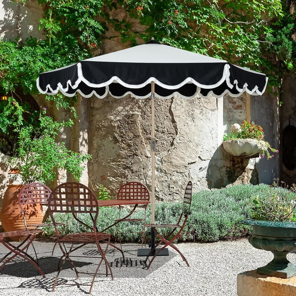 9ft Scalloped  Umbrella with Fringe, Water-Resistant Market Umbrella for Garden Pool