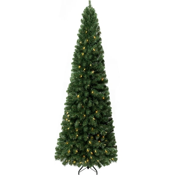 9ft Slim Christmas Tree with Lights, Christmas Tree Prelit with 1455 Branch Tips, 500 Warm Lights and Metal Stand, Aritificial Christmas Tree by Homestock