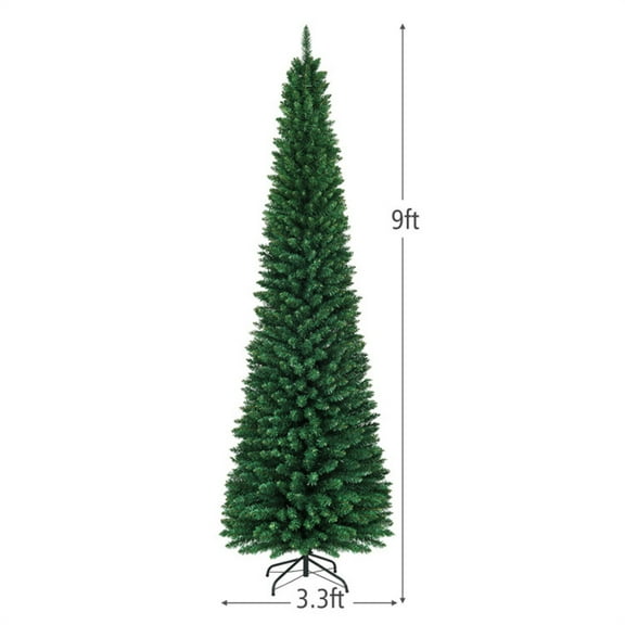 9ft Slim Pencil Christmas Tree - Realistic PVC with Flocked Finish, 1500 Branches, Green, Space-Saving for Small Corners, Stable Metal Base, Easy Assembly for Home Holiday Decor