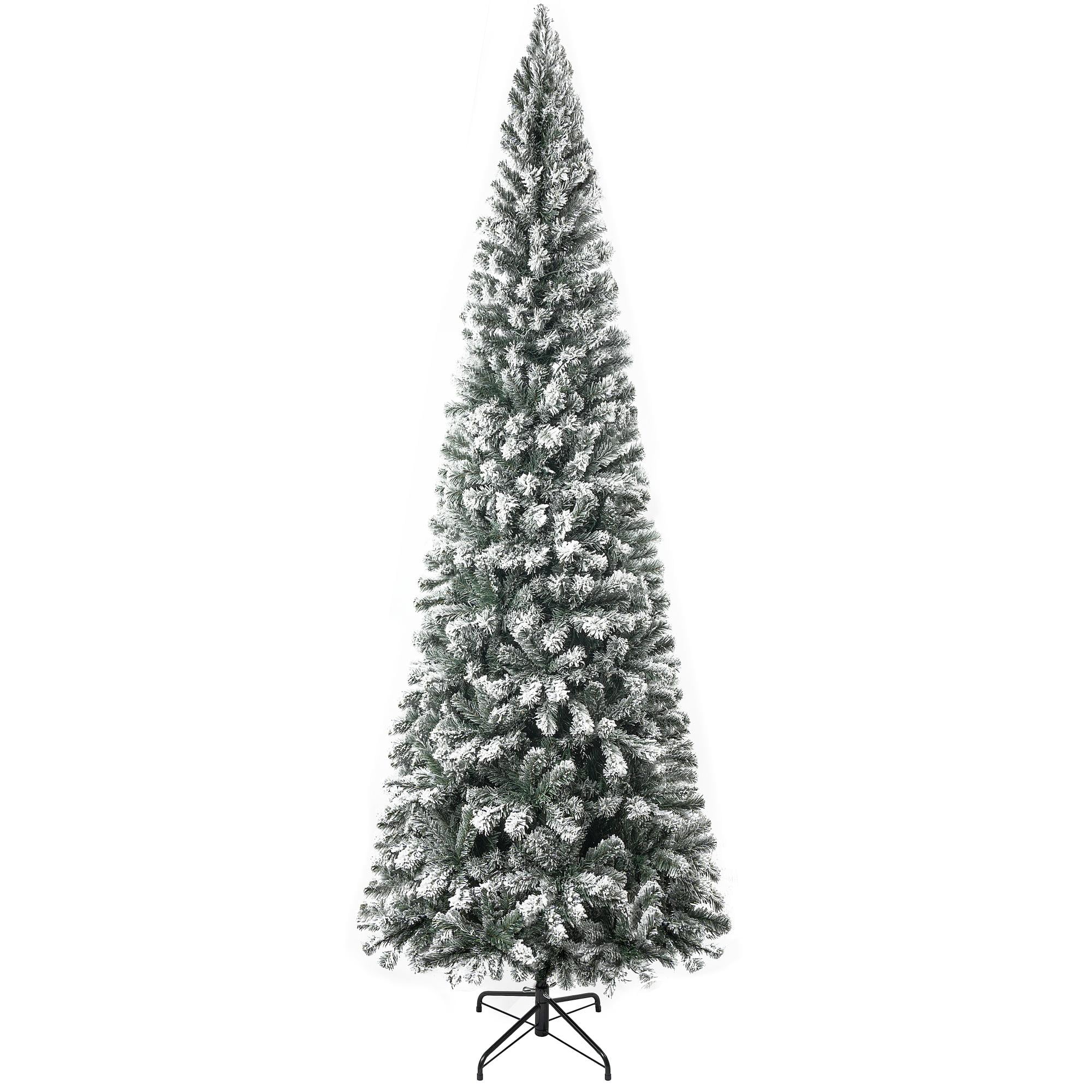9ft Slim Snow Flocked Christmas Tree with Lights, Frosted Skinny Pencil