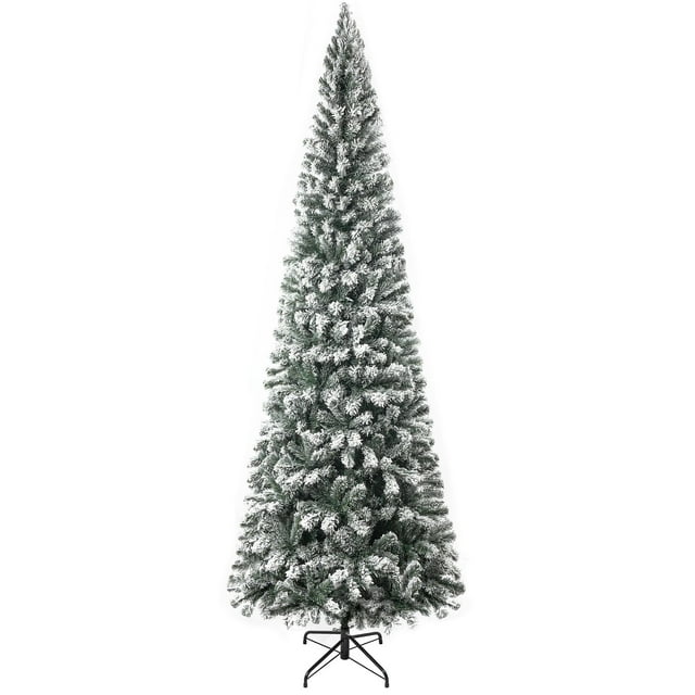 9ft Slim Snow Flocked Christmas Tree with Lights, Frosted Skinny Pencil