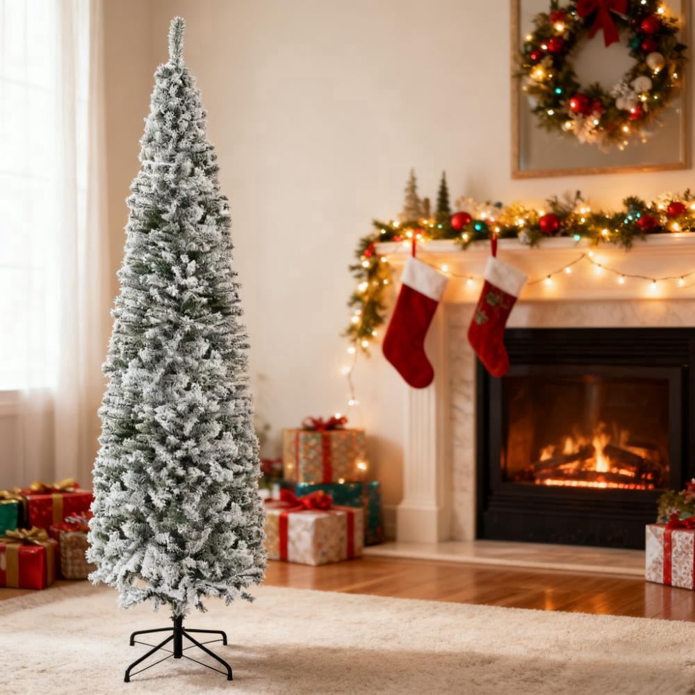 9ft Snow Flocked Pencil Christmas Tree 1014 Tips Flame Retardant Small Space Holiday Decor
