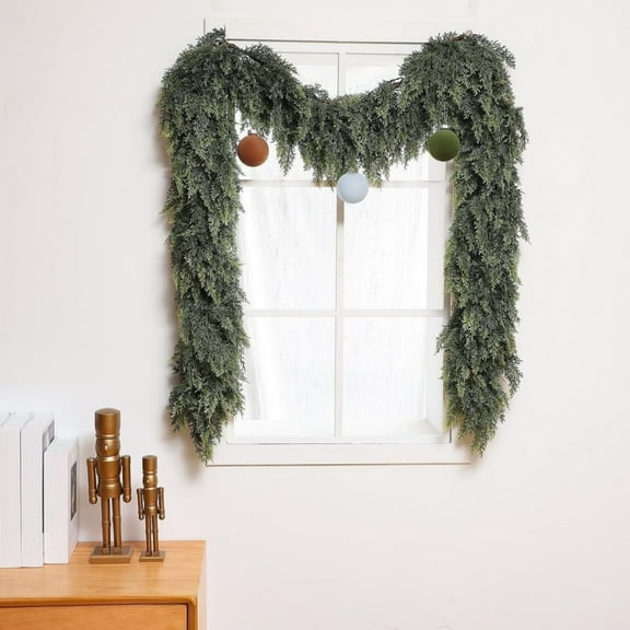 9ft Soft Touch Artificial Cedar Garland - Norfolk Pine and Cypress Vine Strips for Christmas Holiday Home Decor, Thick Realistic Pine and Cypress leaf Garland, Festive Greenery Decoration, Green
