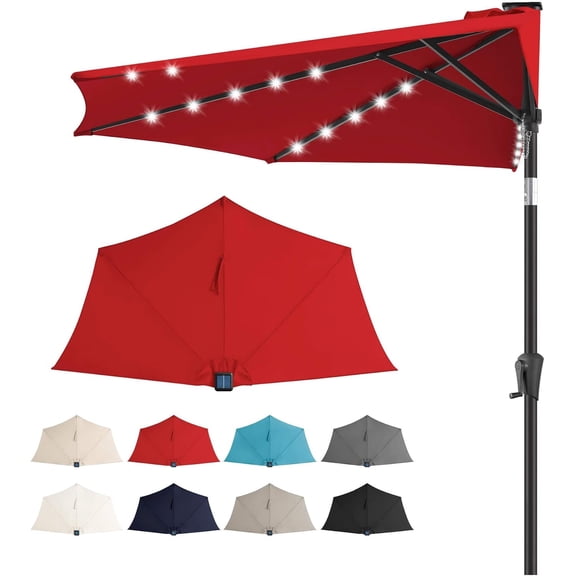 9ft Solar Half Umbrellas Outdoor - LED Half Patio Umbrella with 25 Lights, UV Protection , Half Round Umbrella for Wall Balcony, Pool, Porch, Garden, Deck, Backyard, Red