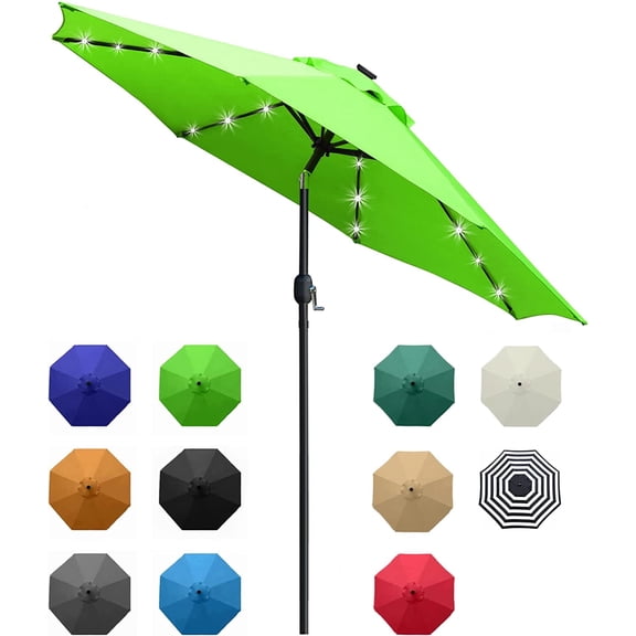 Bibana 9ft Solar 24 LED Lighted Patio Umbrella with 8 Ribs, Adjustment and Crank Lift System