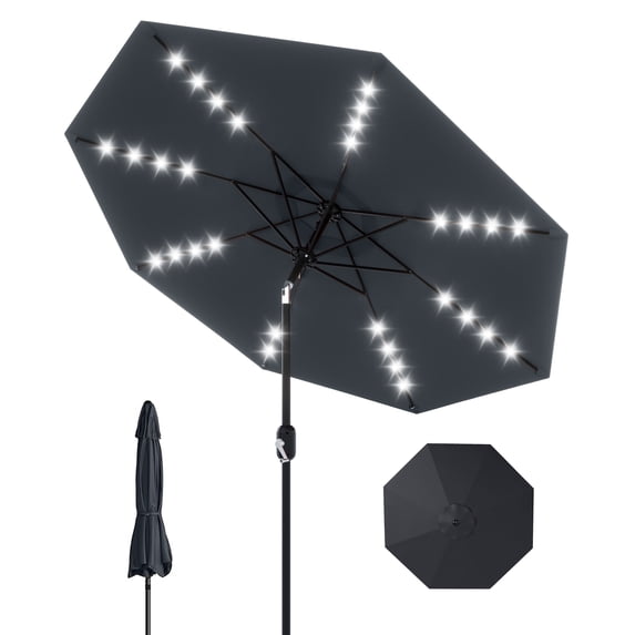 9ft Solar LED Patio Umbrella with Tilt Crank - 32 Lights & 8 Ribs, Market Umbrella for Pool, Deck, Backyard & Balcony, Gray