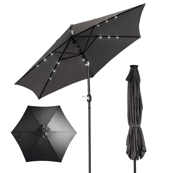 9ft Solar Patio Umbrella with LED Lights, UPF 50+ Waterproof Solution-Dyed Polyester Canopy, 6 Iron Ribs, Push Button Tilt & Crank Lift, Wind Resistant for Patio Garden Poolside