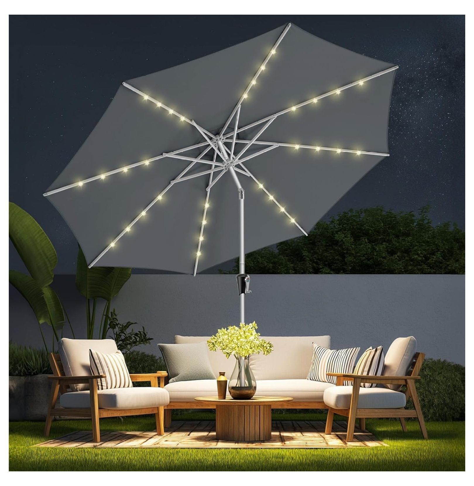 9ft Solar Patio Umbrella Solar Lights LED Lighted Outdoor Aluminum