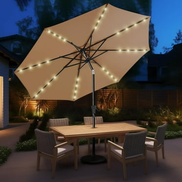9ft Solar Patio Umbrella - Solar Lights LED Lighted Outdoor Market Table Umbrella, UPF50+ UV Protection with Push Button Tilt, Crank for Pool Deck and Garden (Beige)