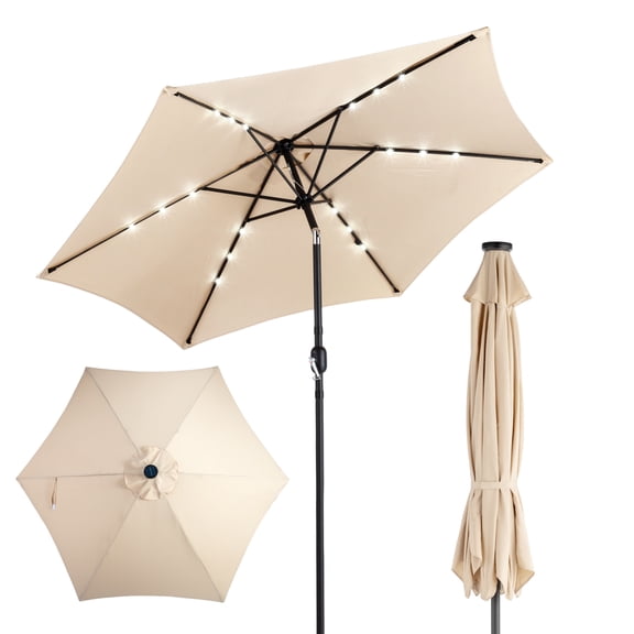 9ft Solar Patio Umbrella with LED Lights, UPF 50+ Waterproof Canopy, 6 Iron Ribs, Push Button Tilt & Crank Lift, Beige for Patio Garden Poolside