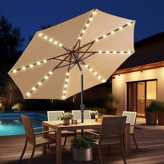 9ft Solar Polyester 32 LED Lighted Patio Umbrella with Tilt Adjustment and UV-Resistant Fabric,for Garden,Deck,Backyard,Pool and Beach