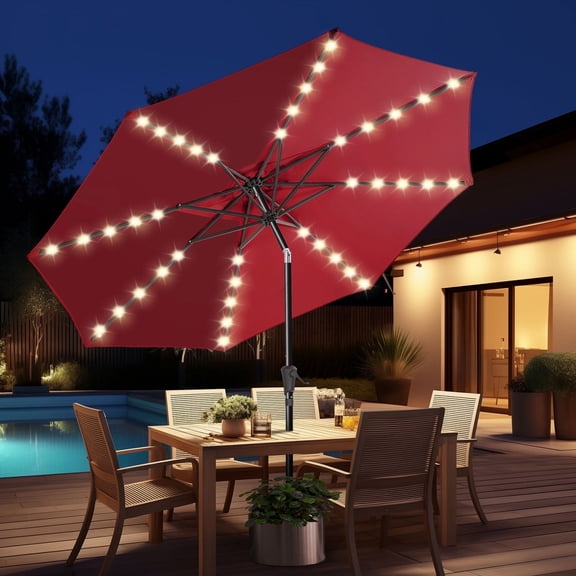 9ft Solar Polyester 32 LED Lighted Patio Umbrella with Tilt Adjustment and UV-Resistant Fabric,for Garden,Deck,Backyard,Pool and Beach