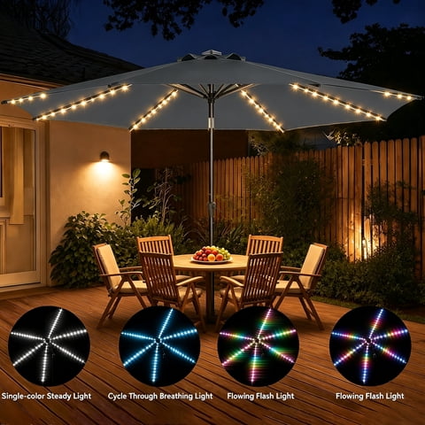 TASKBAY 9ft Solar Patio Umbrella with Colorful LED Lights, 45° Tilt Adjustment Outdoor Umbrella for Garden, Backyard, Pool, Gray (Base not included)