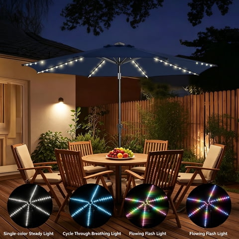 TASKBAY 9ft Solar Patio Umbrella with Colorful LED Lights, 45° Tilt Adjustment Outdoor Umbrella for Garden, Backyard, Pool, Blue (Base not included)