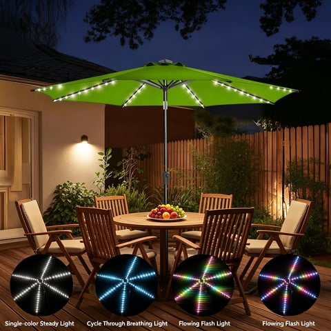 TASKBAY 9ft Solar Patio Umbrella with Colorful LED Lights, 45° Tilt Adjustment Outdoor Umbrella for Garden, Backyard, Pool, Green (Base not included)