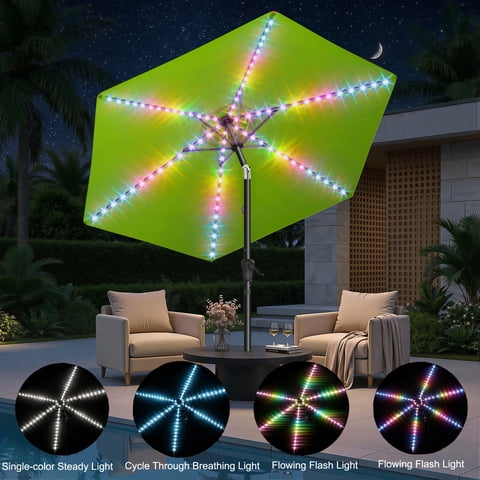 TASKBAY 9ft Solar Patio Umbrella with Colorful LED Lights, 45° Tilt Adjustment Outdoor Umbrella for Garden, Backyard, Pool, Green (Base not included)