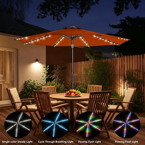 TASKBAY 9ft Solar Patio Umbrella with Colorful LED Lights, 45° Tilt Adjustment Outdoor Umbrella for Garden, Backyard, Pool, Orange (Base not included)