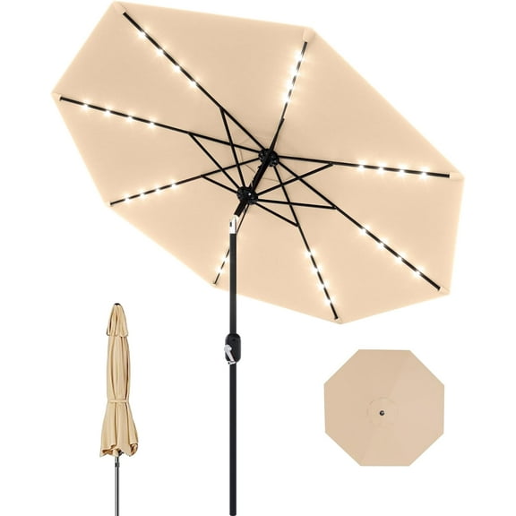 9ft Solar-Powered Patio Market Umbrella - 32 LED Lights, 8-Rib Tilt Crank, Outdoor Shade for Pool, Deck & Backyard