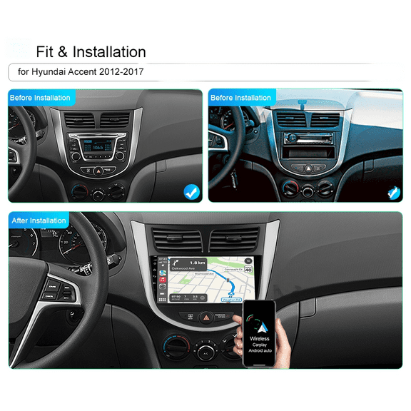 9in Android 13 Car Stereo GPS Navigation Head Unit 2+32G for Hyundai Accent Verna 2011-2019 Built-in Wireless CarPlay Android Auto Car Radio with Bluetooth WiFi FM/RDS SWC + AHD Backup Camera