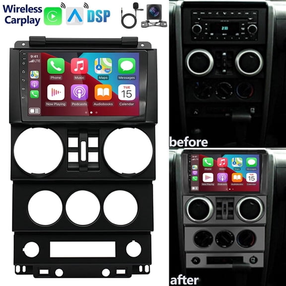 9in Android 13 Car Stereo Radio GPS Navigation 2+32G for Jeep Wrangler JK 4-door 2007-2012 Support Wireless Carplay Android Auto Bluetooth WiFi FM/RDS SWC + AHD Backup Cam