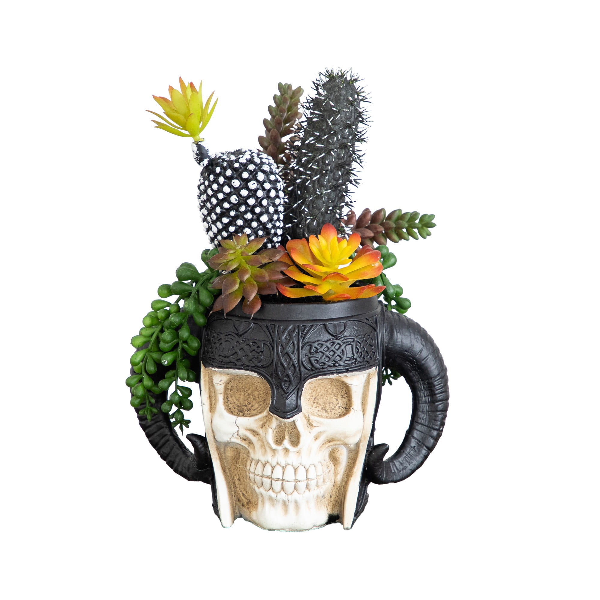 9in. Artificial Halloween Mixed Succulent Garden in Warrior Skull Planter