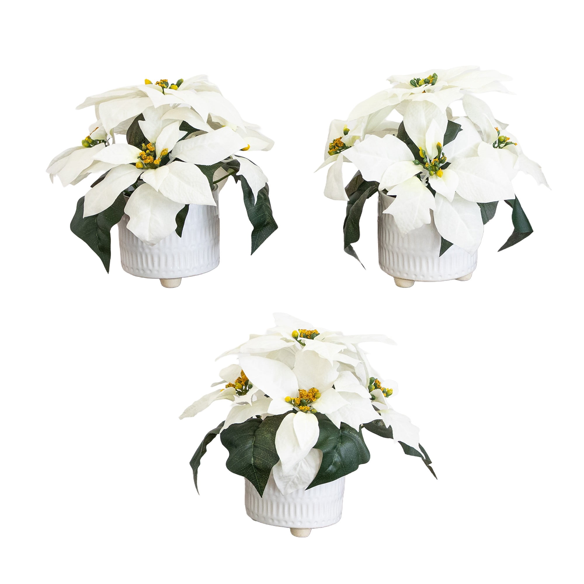 9in. Artificial White Poinsettia Arrangements in White Ceramic Pots - Set of 3