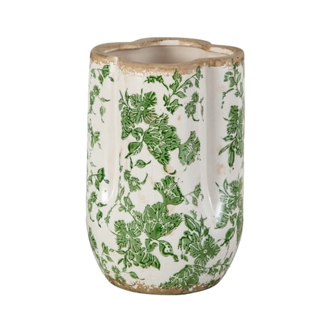 9in. Floral Tuscan Ceramic Green Scroll Vase