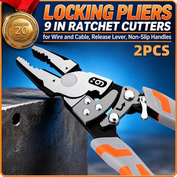 9in Locking Pliers, Ratchet Cutters for Wire and Cable, Release Lever, Non-Slip Handles