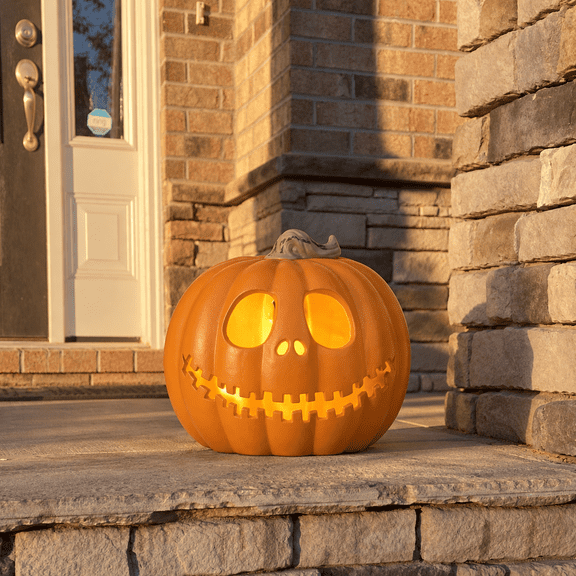 Gamexcel 9 Inch Lighted Halloween Pumpkin Jack O' Lantern, Warm White LED Skull Face Indoor Outdoor Tabletop Porch Decor, Orange