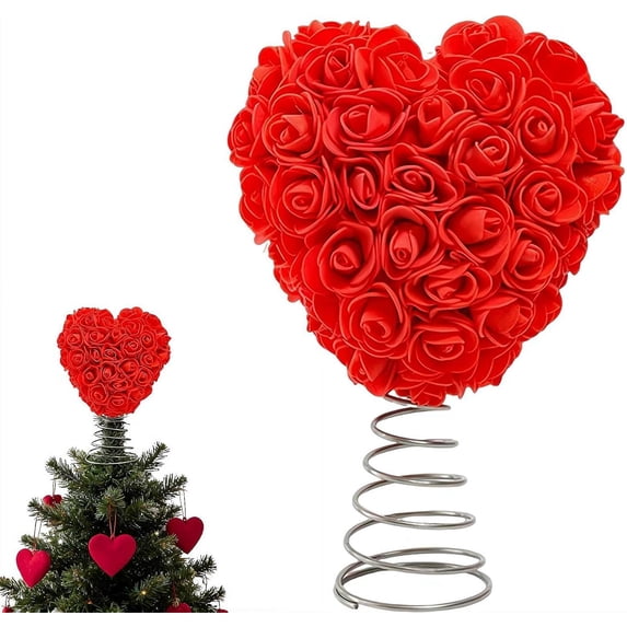 9in Valentine Day Tree Topper,Heart Tree Topper Artificial Rose Flower,Valentines Trees Ornaments Decoration,Love Treetop Ornament Glitter Spiral Base for Valentines Galentines Day Wedding Home Decor