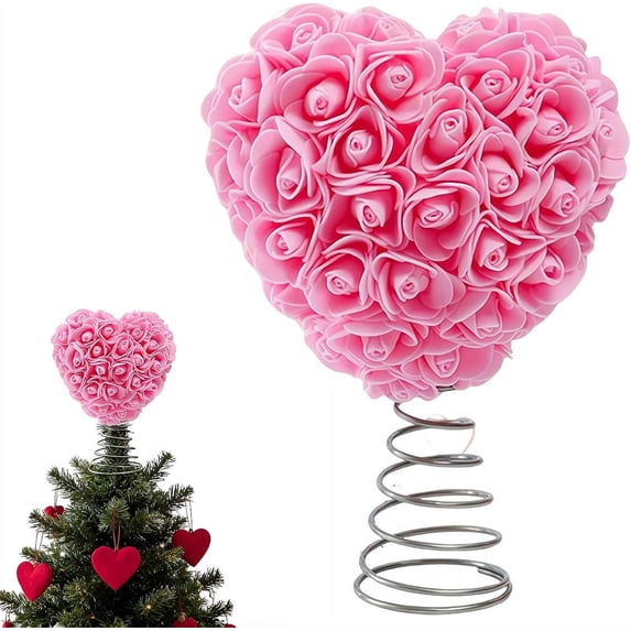 9in Valentine Day Tree Topper,Heart Tree Topper Artificial Rose Flower,Valentines Trees Ornaments Decoration,Love Treetop Ornament Glitter Spiral Base for Valentines Galentines Day Wedding Home Decor