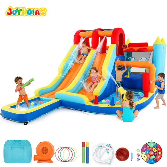 9in1 Inflatable Double Water Slides Bouncer House Water Park Playhouse w/Climbing Wall,Splash Pool,Trampoline,2 Basketball Hoops,Water Guns,Blower Backyard Fun Indoor Outdoor