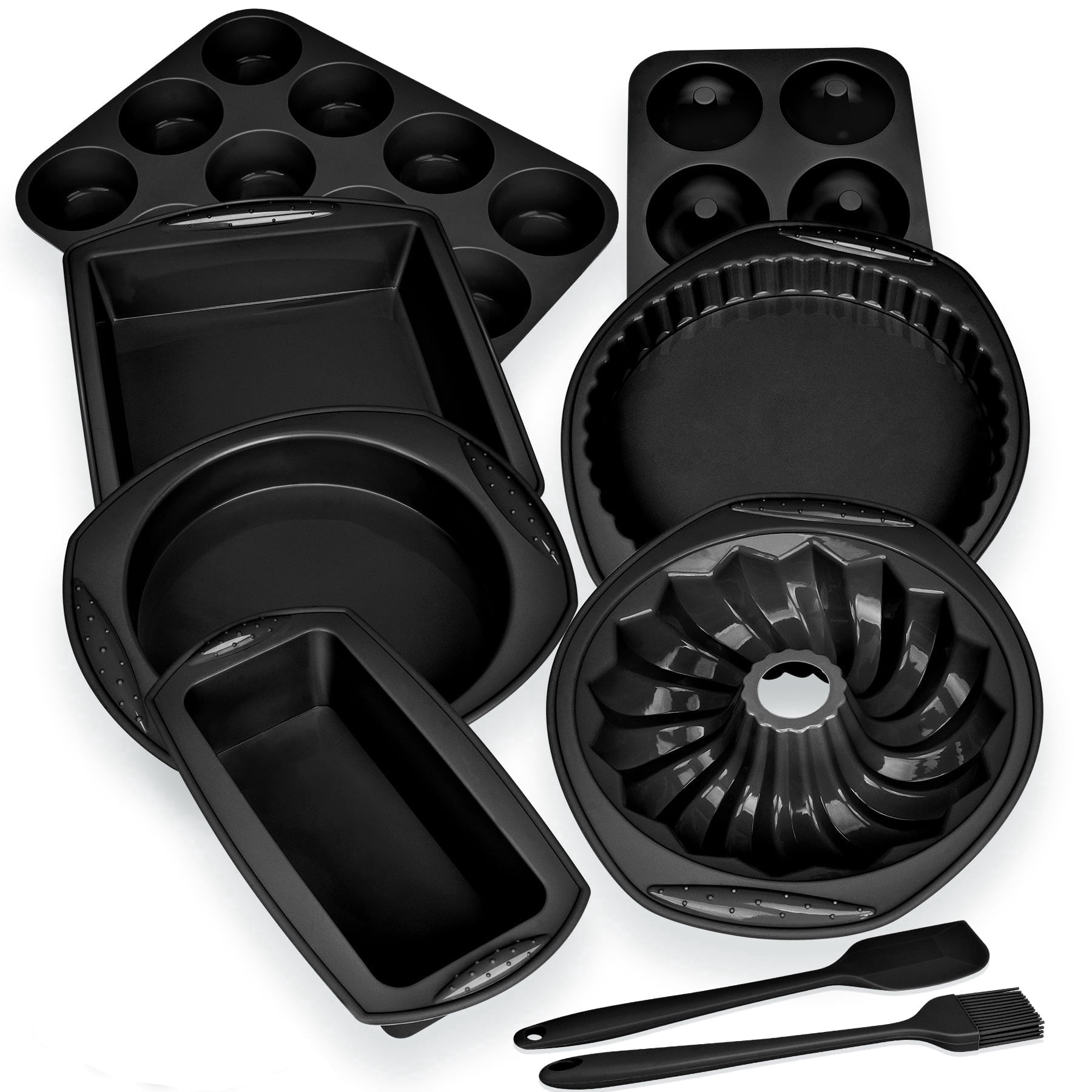 9in1 Nonstick Silicone Baking Fluted Cake Pan Cookie Sheet Molds Tray Heat Resistant Bakeware Tools Kit for Muffin Loaf Bread Pizza CupcakeUtensil（Black）