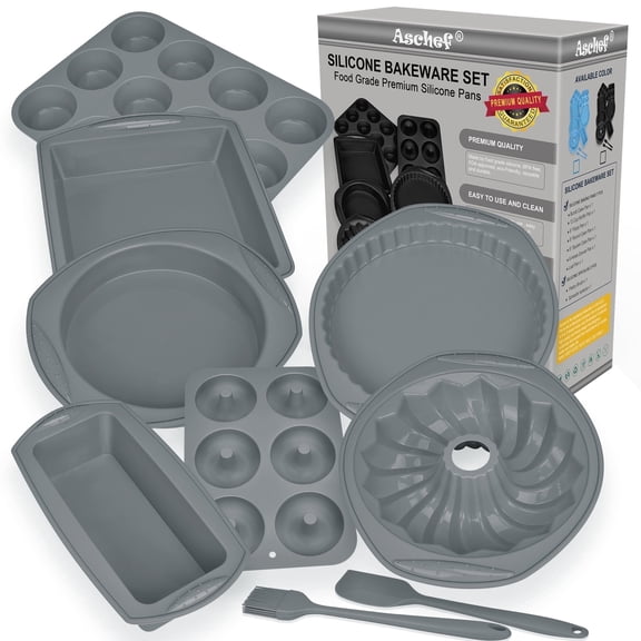 9in1 Nonstick Silicone Baking Fluted Cake Pan Cookie Sheet Molds Tray Heat Resistant Bakeware Tools Kit for Muffin Loaf Bread Pizza CupcakeUtensil（Grey）