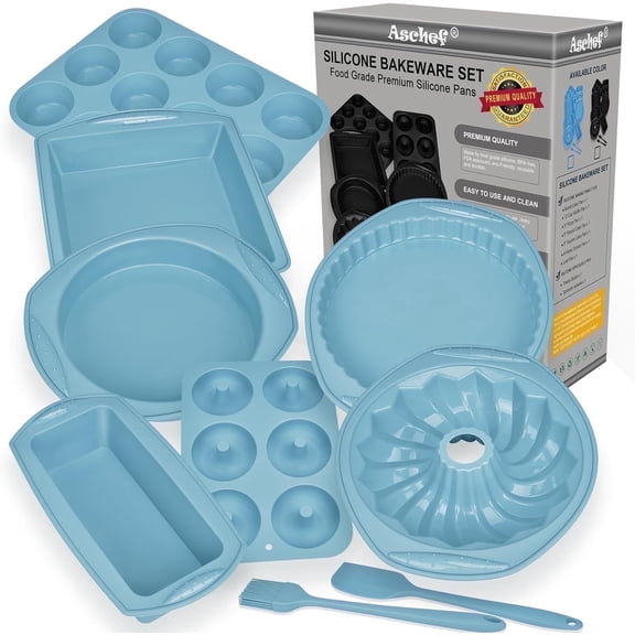 9in1 Nonstick Silicone Baking Fluted Cake Pan Cookie Sheet Molds Tray Heat Resistant Bakeware Tools Kit for Muffin Loaf Bread Pizza CupcakeUtensil