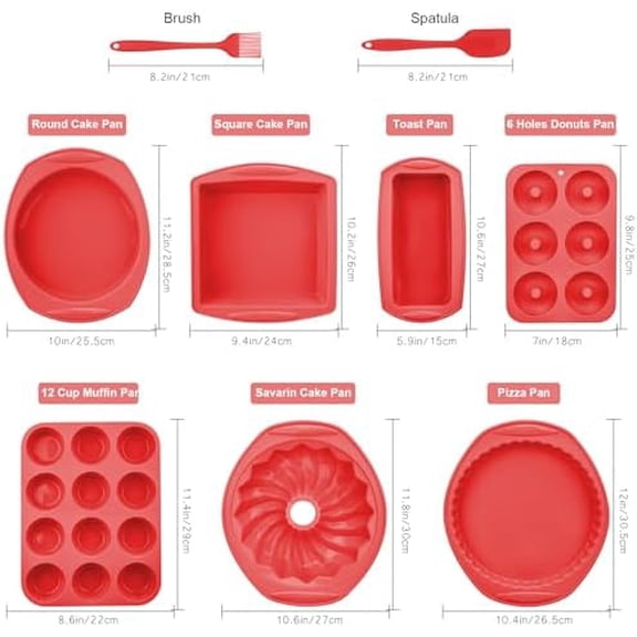 9in1 Nonstick Silicone Baking Bundt Cake Pan Cookie Sheet Molds Tray Set for Oven, BPA Free Heat Resistant Bakeware Tools Kit for Muffin Loaf Bread Pizza Cheesecake Cupcake Pie Utensils, Red