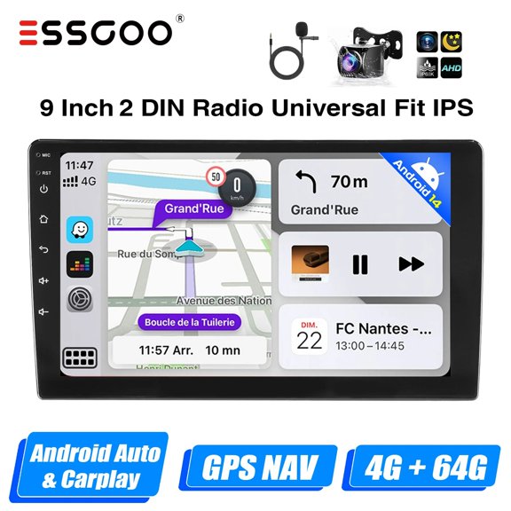 9inch 4 64G Cam MIC ESSGOO 7"/9"/10“ 2 DIN Android 14 4+64G Car Stereo Carplay Android Auto GPS SAT Navi Bluetooth FM RDS Radio WIFI Touchscreen