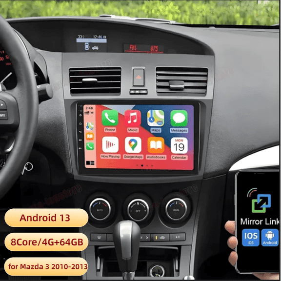 9inch Car Stereo Radio Car-play GPS Navigation Compatible for Mazda 3 2010-2013 Android 13 Built-in Carplay Wireless Android Auto with Bluetooth Wifi FM/RDS SWC Mirror Link+AHD Camera