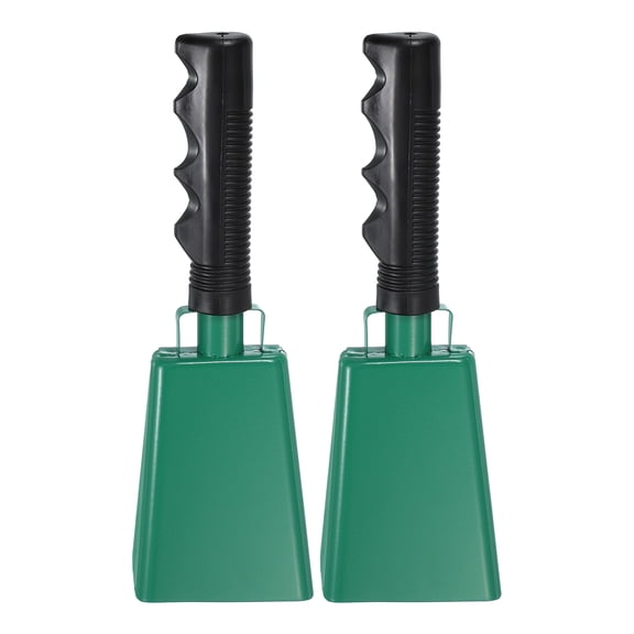 9inch Cow Bells for Football Games, 2pcs Cowbells for Sporting Events Bulk Loud Noise Makers Metal Cow Bell with Handle for Cheering Competition Marathon Wedding DIY Paint, Green