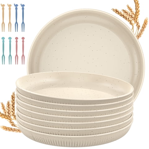 GPED 9inch Deep Dinner Plates Set of 8, Unbreakable Wheat Straw Plates, Reusable Plastic Dinner Plates, Microwave and Dishwasher Safe, Beige