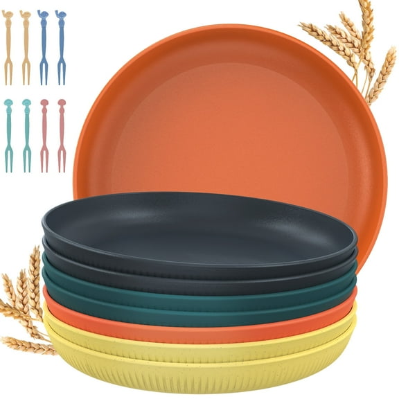 GPED 9inch Deep Dinner Plates Set of 8, Unbreakable Wheat Straw Plates, Reusable Plastic Dinner Plates, Microwave and Dishwasher Safe, Multicolor