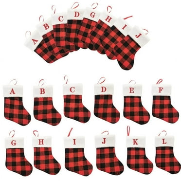 9inch Initial Monogram Christmas Stocking Red Buffalo Plaid Christmas Stocking with Embroidered Letter Personalized Mini Christmas Stocking White Plush Xmas Stocking for Xmas Tree Fireplace Decor