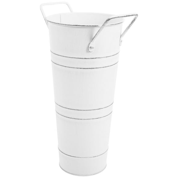 9inch Tall Galvanized Flower Bucket, Farmhouse French Flower Bucket with Handle, Small Rustic Bucket Vintage Metal Vases for Flower, Centerpieces, Floral Wedding Arrangements, White