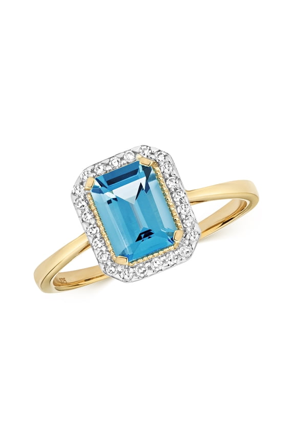 9k Gold Women Cluster Diamond Ring Brilliant Cut 0.09 Carat with Blue Topaz