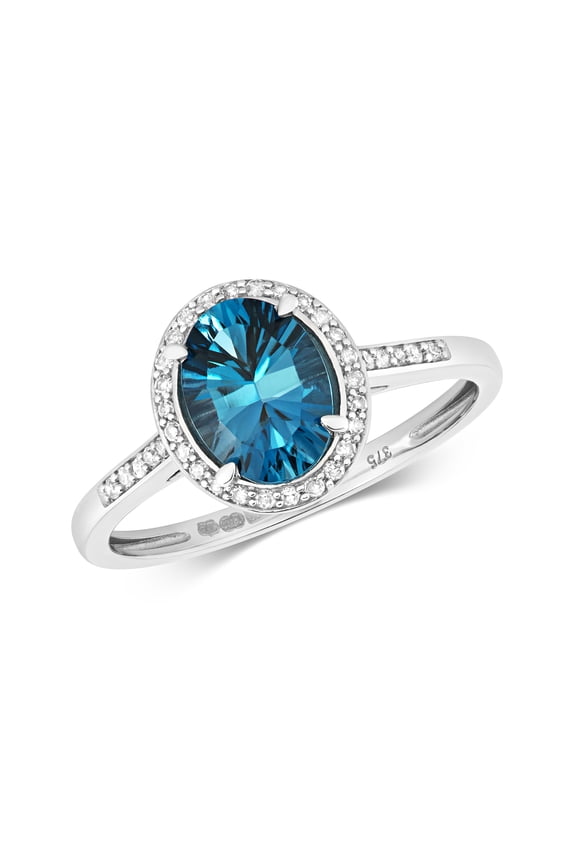 9k White Gold Women Cluster Diamond Ring Brilliant Cut 0.12 Carat with London BlueTopaz